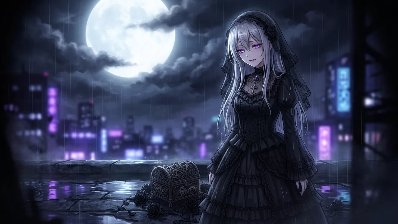 Garota vampira gótica em estilo anime sob chuva em Tóquio com lua cheia e caixinha de música